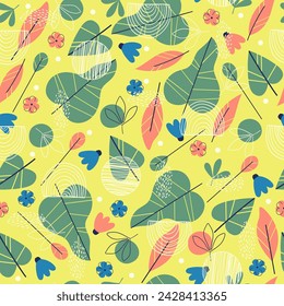 Colorful and bright summer elements seamless pattern. Leaves and flowers on yellow background. Floral spring vector