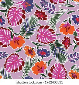 Colorful and bright summer hand drawn seamless pattern with leaves flowers ,tropical monstera , foliage , Background with florals vector on modern style on lilac color