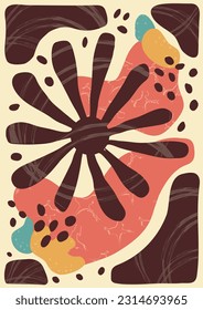 Colorful, bright summer retro silhouette. Abstract pattern with leaves, flowers, figure with texture. trendy print with flowers vector on modern style. A4 size poster for print, background, banner