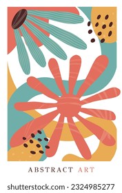 Colorful, bright summer retro silhouette. Abstract pattern with leaves, flowers, figure with texture. trendy print with flowers vector on modern style. A4 size poster for print, background, banner