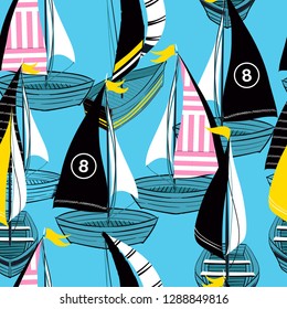Colorful and bright Summer Seamless pattern in vector hand drawn boat on the ocean  design for fashion,fabric,web,wallpaper,and prints on sky blue background color