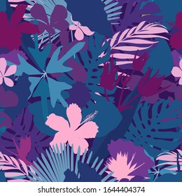 Colorful and bright summer silhouette abstract seamless pattern with leaves and flowers background on modern style. Jungl trees palm monstera philodendron leaves exotic pattern