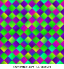Colorful and bright traditional mardi gras festival seamless pattern. Geometric green and violet repetitive pattern with rhombuses. Vector illustration for your graphic design.