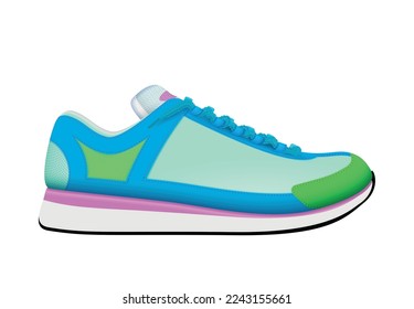 Colorful bright trendy sport shoe side view against white background realistic vector illustration