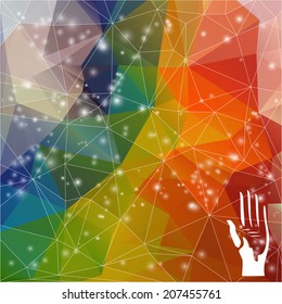 Colorful bright triangle background. Web, website, mobile device wallpapers design. Voting hand on rainbow backdrop. Vector illustration.