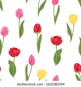 Colorful bright tulips seamless pattern. Red, yellow, pink flowers tulips and green leaves on a white background. Vector floral spring illustration.