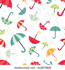 Colorful bright umbrellas seamless pattern modern design with water drops. Vector illustration on white background.