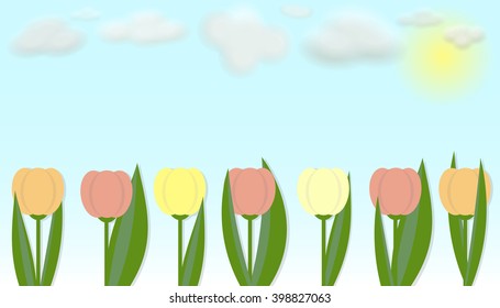 Colorful  bright vector flowers tulips and blue sky with clouds/ Vector tulips