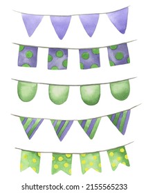 Colorful bright vector garlands of flags, painted in watercolor, are highlighted on a white background. Design elements for greeting cards, invitations.