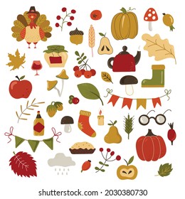 Colorful, bright vector handmade set of items and symbols on the autumn Thanksgiving theme. All objects are separated. Vector illustration