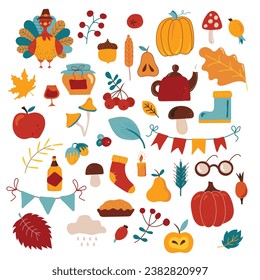 Colorful, bright vector handmade set of items and symbols on the autumn Thanksgiving theme. All objects are separated. Vector illustration