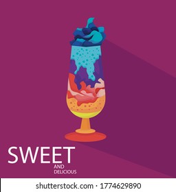 bunter, heller Milchshake mit dunklem Schatten und violettem Hintergrund. Süß und köstlich.