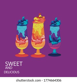 Colorful bright vector milkshake. Sweet and delicious dessert with purple background. Made with love.