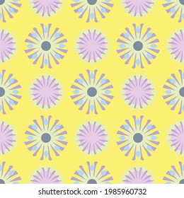 Colorful, bright vector repeating pattern with abstract sunburst shapes in pink and purple on a vibrant yellow background