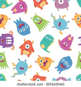 Colorful, bright vector seamless pattern with funny monsters, freaks on a white background.