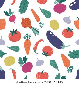 Colorful bright vegetable seamless pattern with hand drawn vegetables: tomato, onion, cucumber, eggplant, lettuce leaves, pepper etc. Vegetarian background. Vector illustration