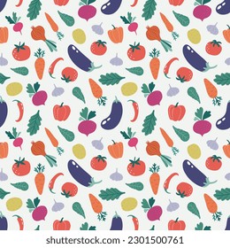 Colorful bright vegetable seamless pattern with hand drawn vegetables: tomato, onion, cucumber, eggplant, lettuce leaves, pepper etc. Vegetarian background. Vector illustration