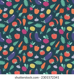 Colorful bright vegetable seamless pattern with hand drawn vegetables: tomato, onion, cucumber, eggplant, lettuce leaves, pepper etc. Vegetarian background. Vector illustration