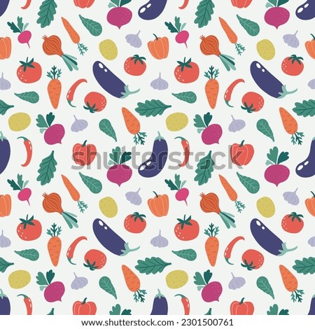 Colorful bright vegetable seamless pattern with hand drawn vegetables: tomato, onion, cucumber, eggplant, lettuce leaves, pepper etc. Vegetarian background. Vector illustration