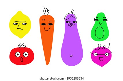 Colorful bright vegetables with eyes spot with lines