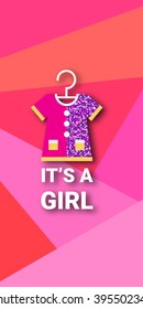 Colorful and bright vertical "It's a girl" card made in flat style. Vector illustration for your graphic design.