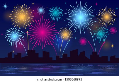 Colorful Brightly Beautiful Fireworks Night Sky City Vector Illustration