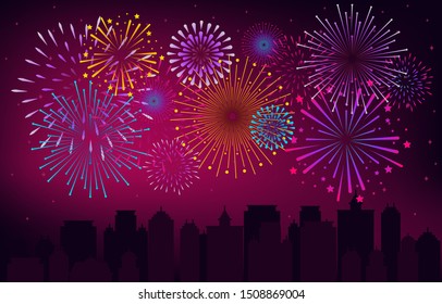 Colorful Brightly Beautiful Fireworks Night Sky City Vector Illustration