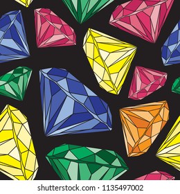 Colorful Brilliant Cut Diamond Seamless Pattern on Black