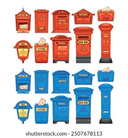 Colorful British Mailboxes In Various Shapes And Sizes In Red And Blue. Classic And Retro Designed Mailboxes With Letter