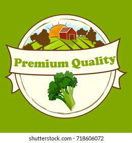 Colorful broccoli label in sketch style. natural product closeup on background. symbol for sauce product label or grocery store, shop and farm market design. Vector round label. Organic collection