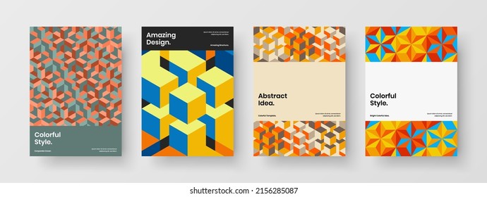 Colorful brochure A4 vector design concept bundle. Isolated mosaic pattern flyer layout composition.