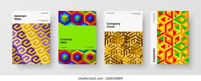 Colorful brochure A4 vector design template set. Amazing geometric tiles corporate identity concept collection.