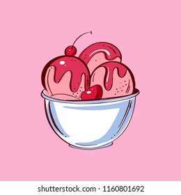 Colorful brochure with cherry ice cream. Tasty isolated ice cream. Vector template.