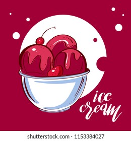 Colorful brochure cover with cherry ice cream. Tasty isolated ice cream. Vector template.