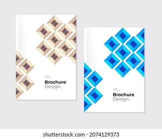 Colorful brochure, leaflet template set in retro mid-century style. Blue and beige geometric figures, rhombuses on white background.