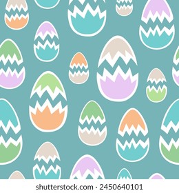 Colorful broken eggshells in pastel shades arranged in vector seamless pattern. Attractive Easter surface art on teal backdrop for printing on various materials or use in graphic design projects.