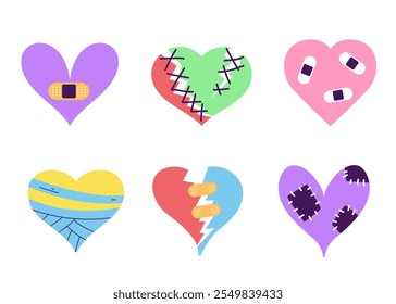 Colorful broken heart bandage hand sewing stitches line art flat set. Vector graphic design illustration element	