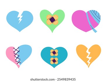 Colorful broken heart bandage hand sewing stitches line art flat set. Vector graphic design illustration element	