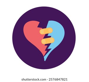 Colorful broken heart bandage hand sewing stitches line art flat set. Vector graphic design illustration element