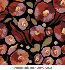 Colorful brown seamless vector pattern with abstract wild flowers and plants. Colored hand drawn decorative poppies on black background. Floral vector texture, print.