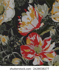 Colorful brown seamless vector pattern with abstract wild flowers and plants. Floral vector texture, print. Big flowers