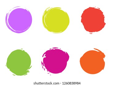 Colorful Brush Circles Vector Template. Magenta, Lilac, Orange, Red Stroke Round Shapes. Freestyle Circles Grunge Background. Original Funky Illustration with Editable Elements for Your Design.