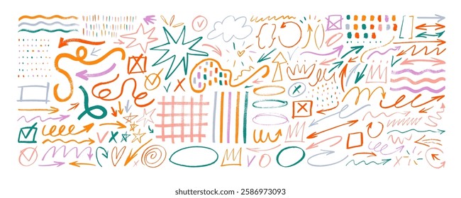 Colorful brush and crayon drawn doodle shapes, scribbles and squiggles. Funky pencil arrows, stars, dot patterns. Hand drawn vector marks for notes, diagrams, graphic design. Rough crayon strokes.