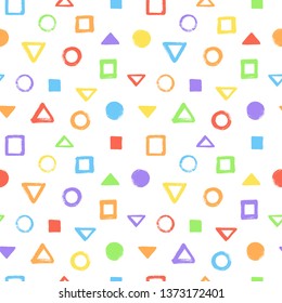 Colorful brush, crayon drawn geometric figures, objects seamless vector pattern. Triangle, pyramid, square, circle, round textured uneven shapes background. Rainbow colors abstract chaotic texture. 