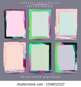 Colorful brush stroke frame background set. A4 page size picture frame, border design. Brush stroke painting backgrounds, banners. Vertical banner set.