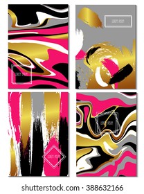 Colorful brush stroke and marble backgrounds set with gold glitter, black, white, pink colors. Template for brochures greeting, business, party cards. Trendy colors. 