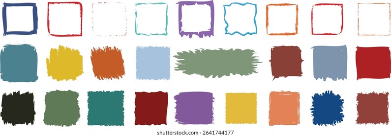Colorful brush stroke square frames and paint swatches are shown in various styles and shades. This versatile design is perfect for creative backgrounds, art projects, and abstract graphic composition