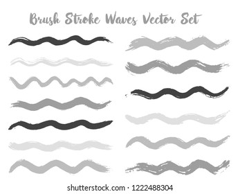 Colorful brush stroke waves vector set. Hand drawn grey brushstrokes, ink splashes, watercolor splats, hand painted curls. Vector ink color palette samples. Textured waves, stripes design.