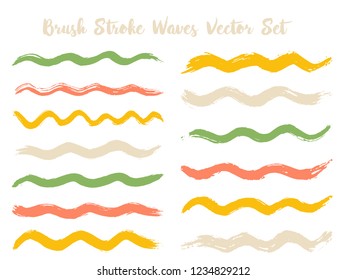 Colorful brush stroke waves vector set. Hand drawn green red orange brushstrokes, ink splashes, watercolor splats, hand painted curls. Vector ink color palette samples. Wavy stripes vector set.