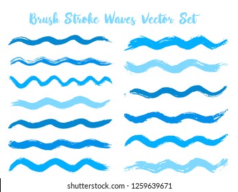 Colorful brush stroke waves vector set. Hand drawn cyan blue brushstrokes, ink splashes, watercolor splats, hand painted curls. Vector ink traces, color combinations. Summer design paint brush curves.